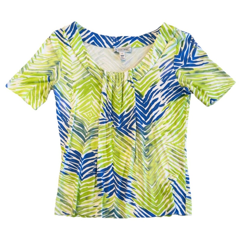 St John Sport Top P (XS/S) Green Blue Print Stretch Short Sleeve Blouse
